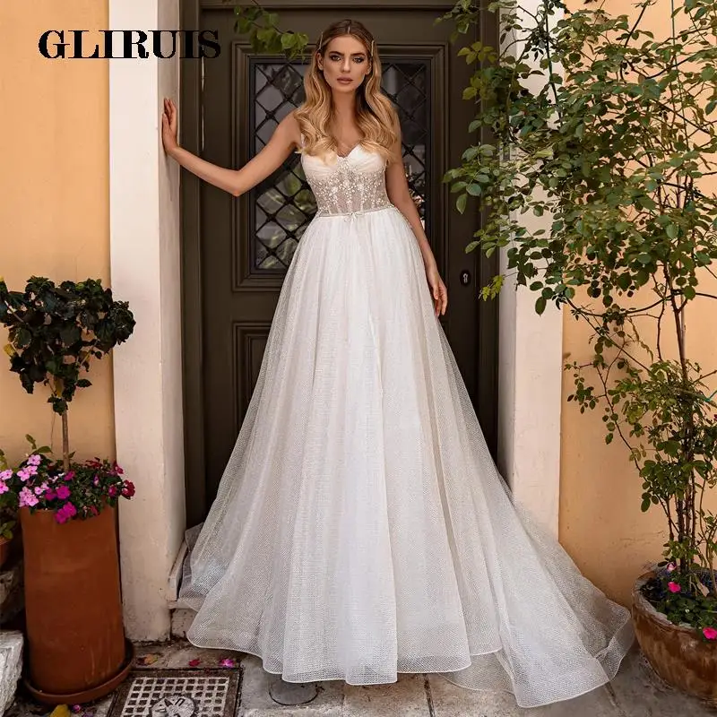 

New Sweetheart Wedding Dresses Spaghetti Straps Beach Sequins Beads See Through Top Lace Up Glitter Bridal Dress Sweep Train