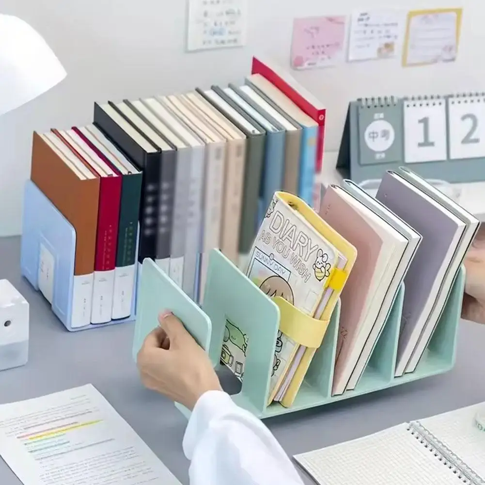 Organizzatore per Libri a 4 Scomparti, Supporto in Plastica per Libri da Scrivania, Divisorio per Libreria, Porta Riviste, Organizzatore per Ufficio e Casa - immagine 4