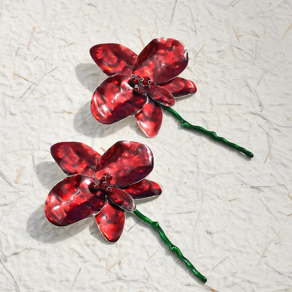 Big Flower Dangle Earrings Alloy Bohemian Fairy Earrings Enamel Design Red Flower Gift