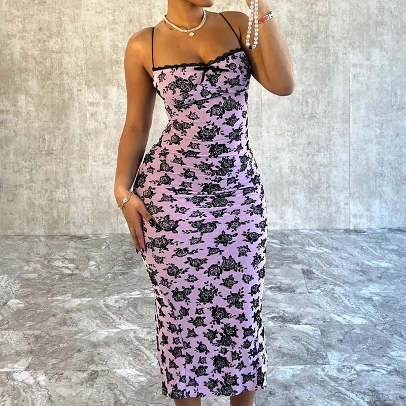 

OMSJ Summer 2024 Boho Vintage Floral Printing Lace Trim Backless Sleeveless Sling Slim Maxi Split Beach Party Sundress For Women
