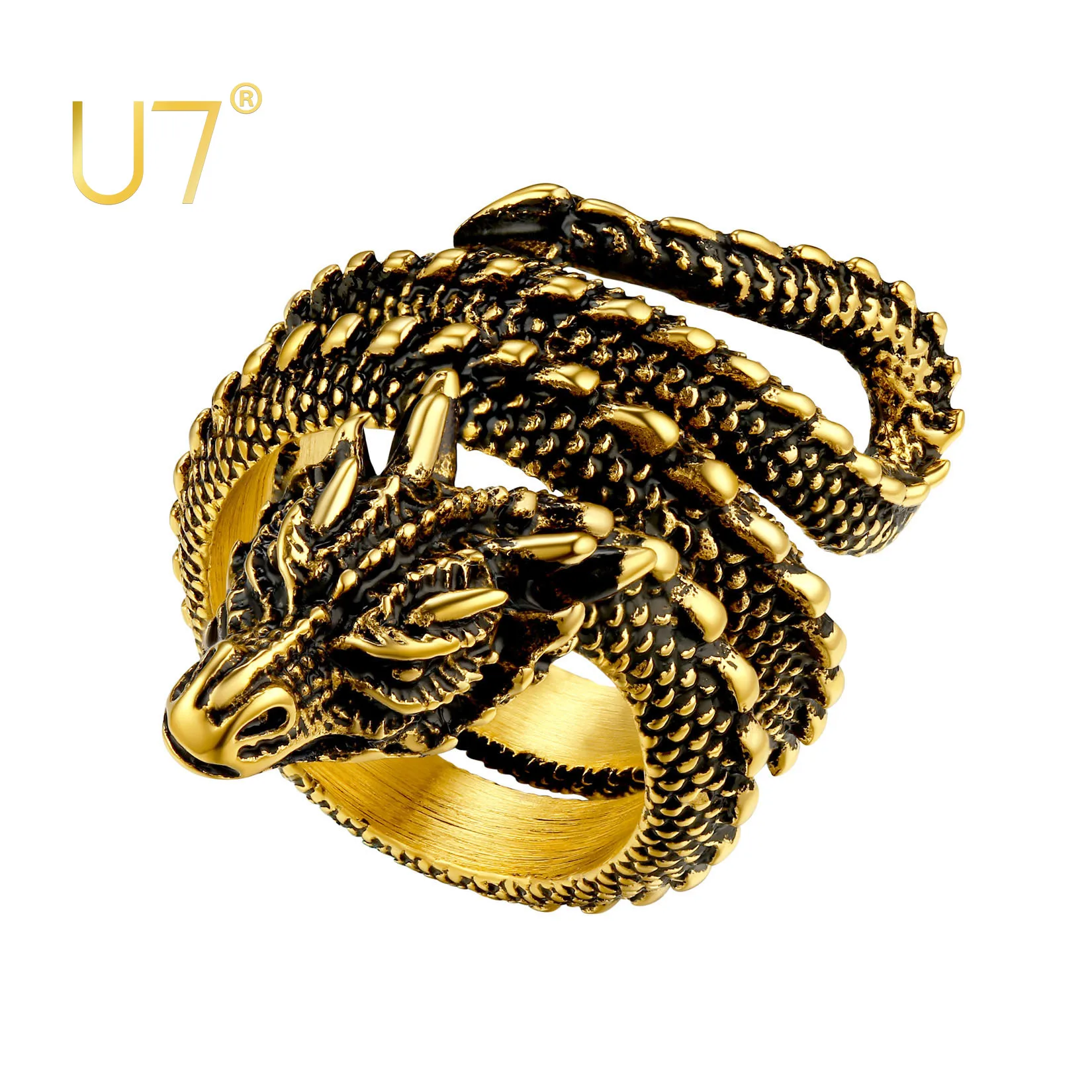 

U7 Stainless Steel Dragon Rings for Men Women Punk Jewelry Black Retro 18K Gold Color Vivid Animal Full Dragon Head Wrap Rings