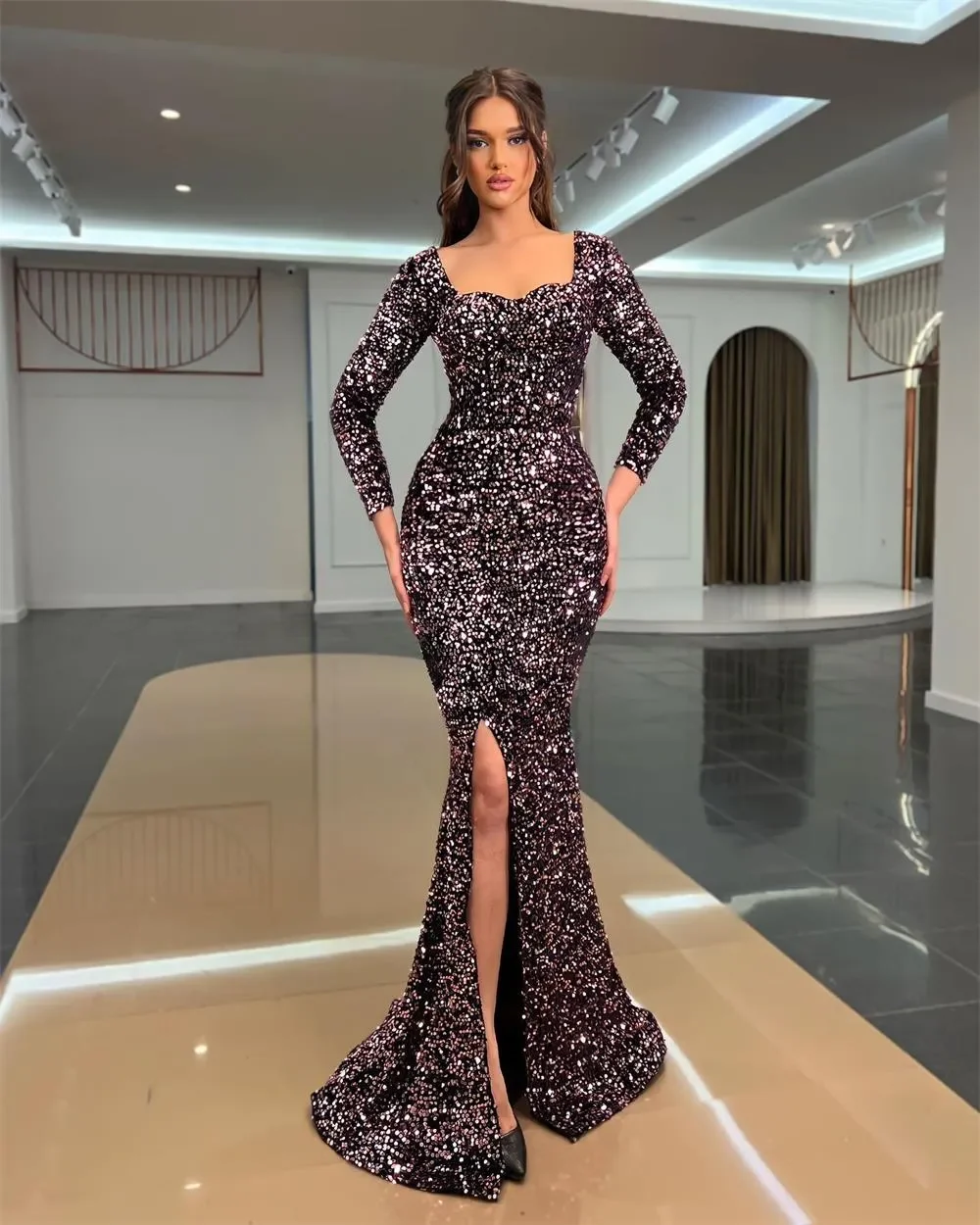 

Gitter Sequined Mermaid Prom Dresses Side Split Long Sleeves Evening Gown Chic Party Prom Dress Square Collar Vestidos De Fiesta