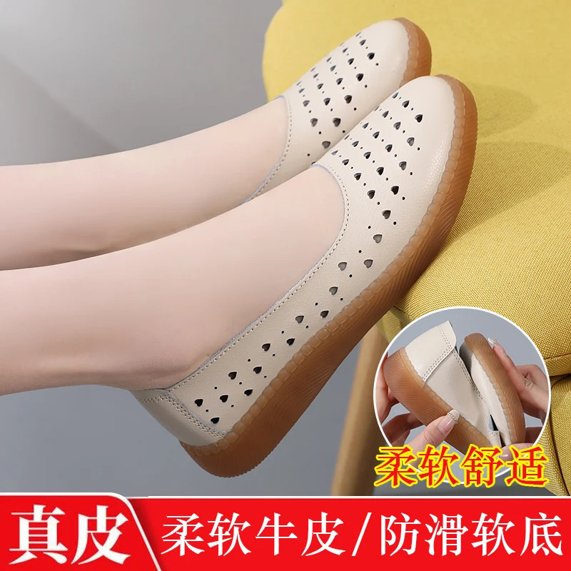 

Hollow Out Mother Women Shoes Sandals Flats Genuine Leather nurse shoes Slip On Loafers Casual Vintage Plus Size #35-41
