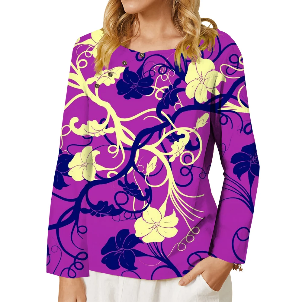 

CLOOCL Blouse Women T-shirt Casual Flower Vine Print Round Neck Tee Loose Shirt Autumn Spring Long Sleeve Top Female Clothing