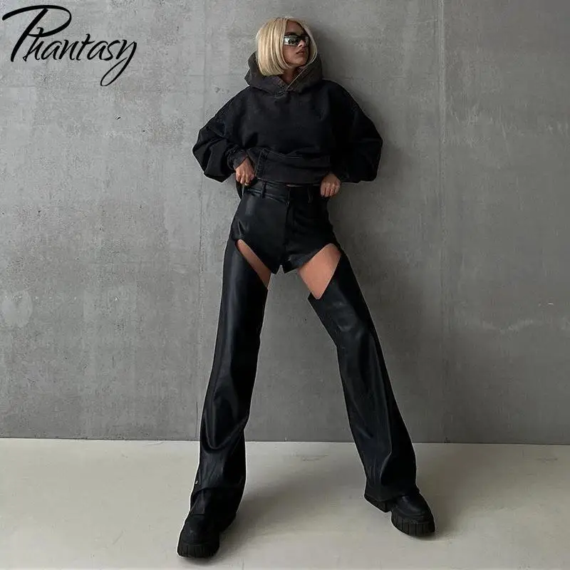 Phantasy Back Sexy Hollow Out Leather Pants Women High-Waisted Fashion Wide Leg Pants Female Summer Loose Straight Pants