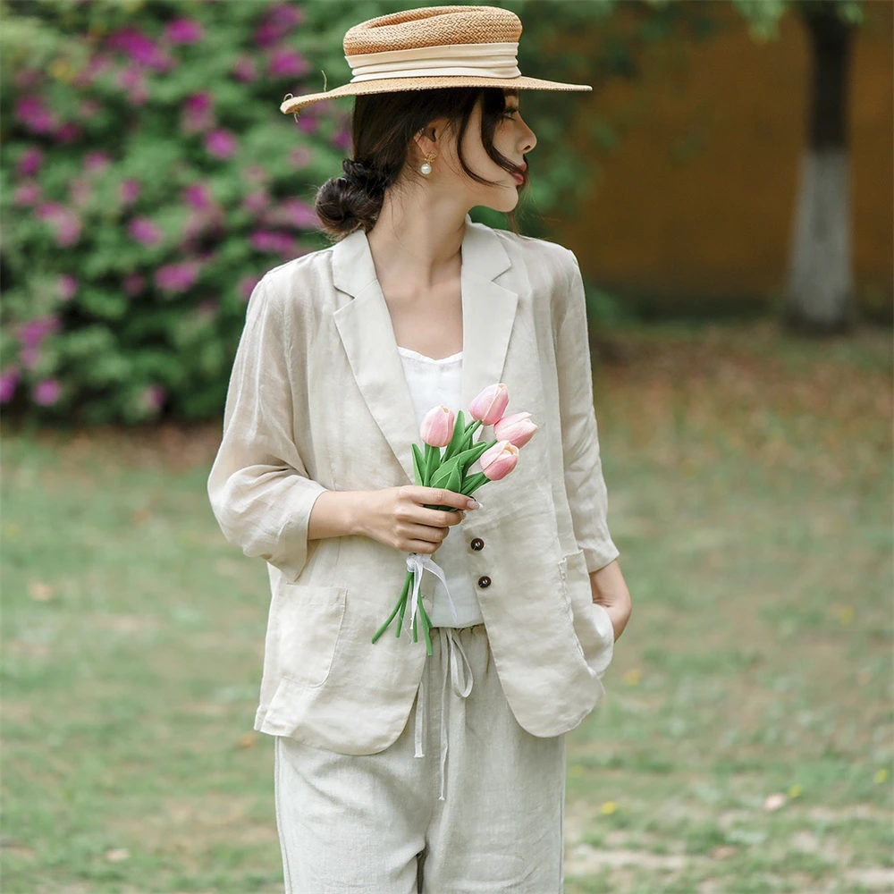 Ladies Linen Blazer Coat Summer Retro Loose Cardigan Tops Women Suit Outerwear Female Single Breasted Thin Breathable Jacket New 3
