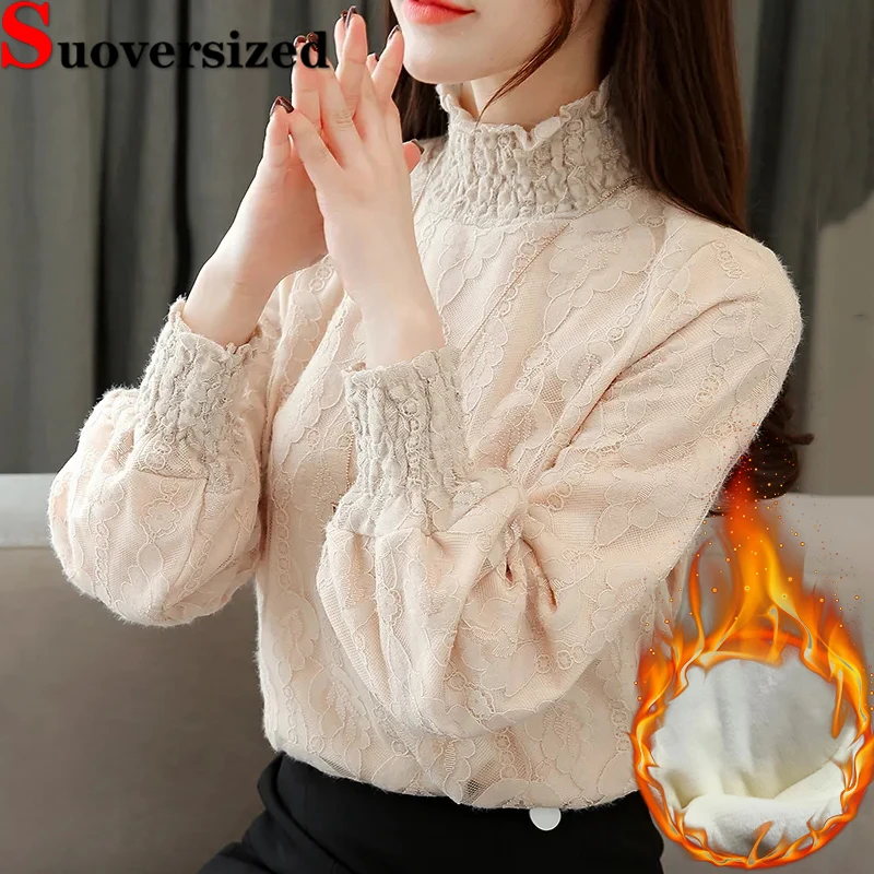 

Plus Velvet Lace Turtleneck T-shirts Winter Warm Flocking Bottomed Tees Elegant Women Long Sleeve Tops Slim Thick Plush T Shirt