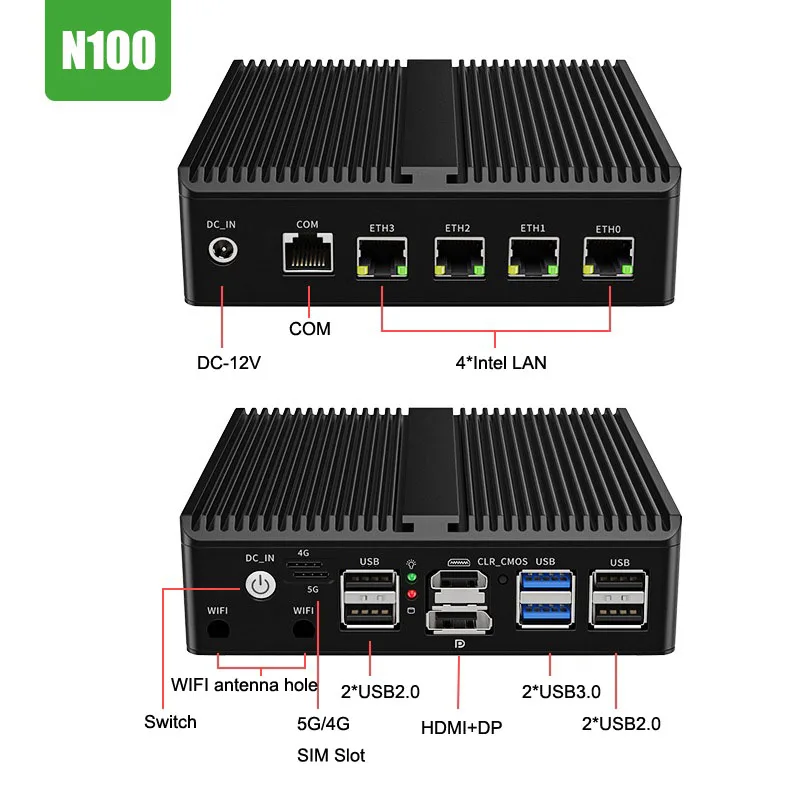 소프트 라우터 팬리스 미니 PC 인텔 알더 레이크 N100 4 * 인텔 i226 2.5G LAN HDMI DP pfSense 4G/5G 방화벽 기기 ESXI AES-NI