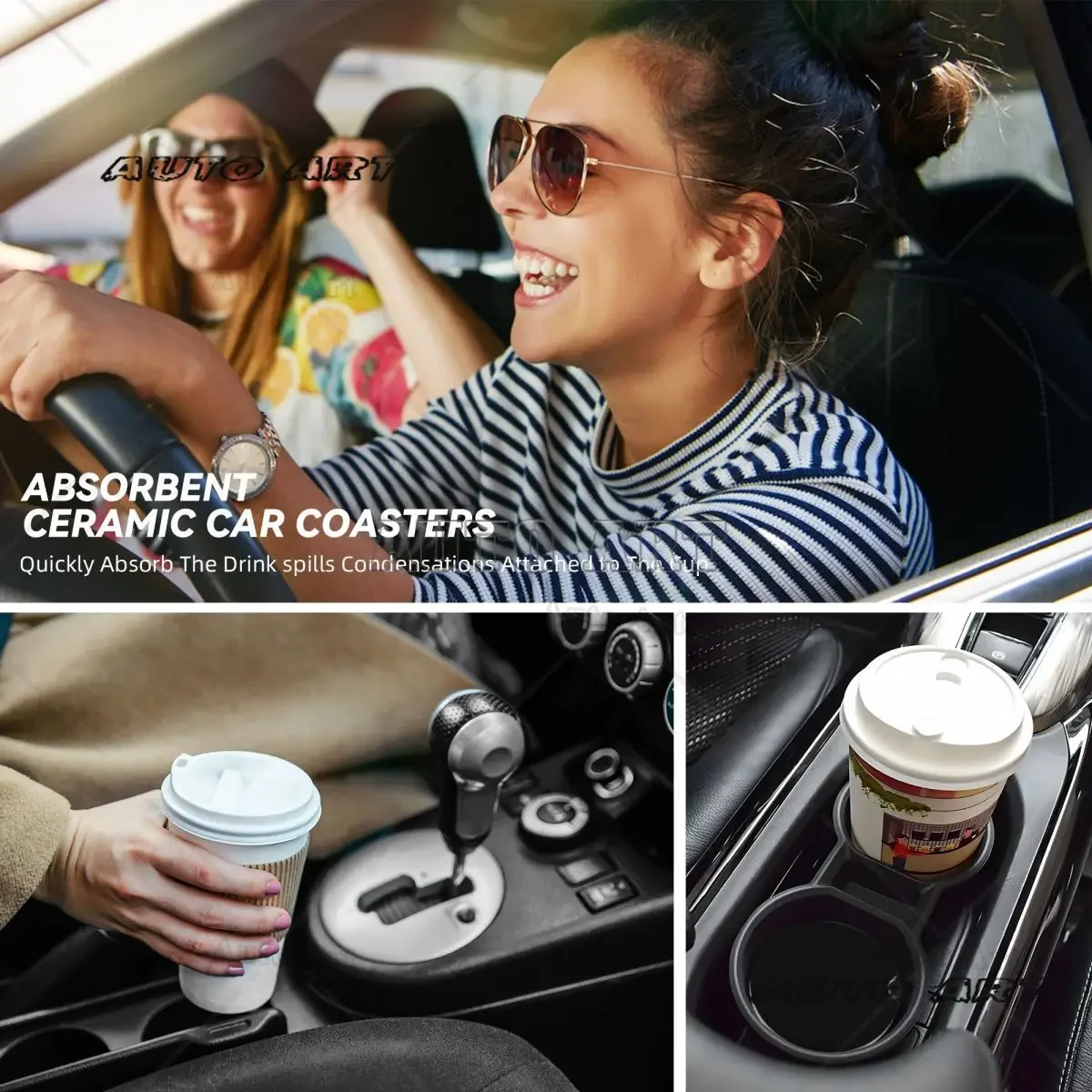 Car Cupholder Coaster 2 Pack,Ceramic Stone Coaster with a Finger Notch Cute Auto Accessories Gifts Retro Luxury Leopard
