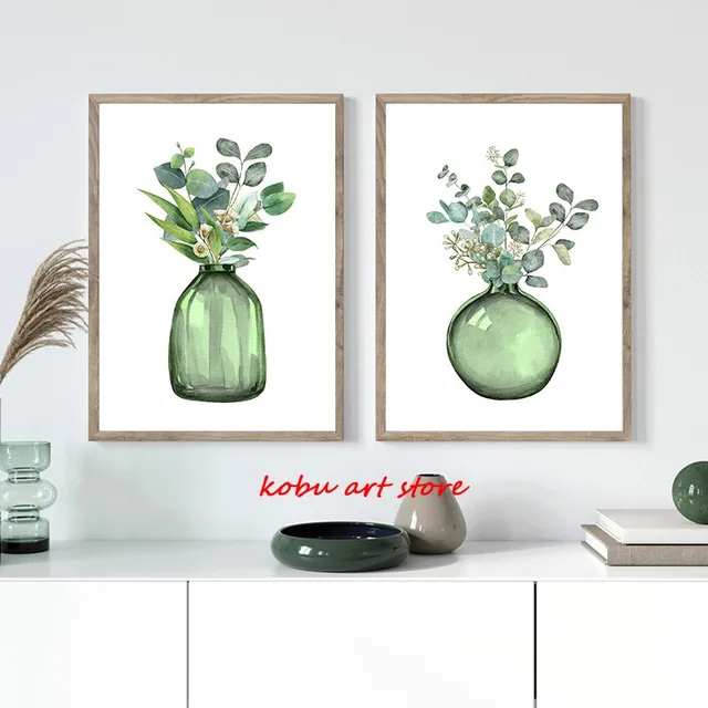 Green Eucalyptus Leaf Vase Posters and Prints Canvas Painting Floral Botanical Wall Art Picture for Living Room Home Decor