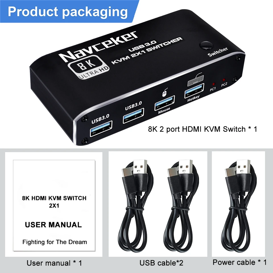 Navceker 8K KVM ġ, HDMI ȣȯ, 4K 120Hz, 2 Ʈ, HD KVM ó ڽ, USB   Ű  콺  PC