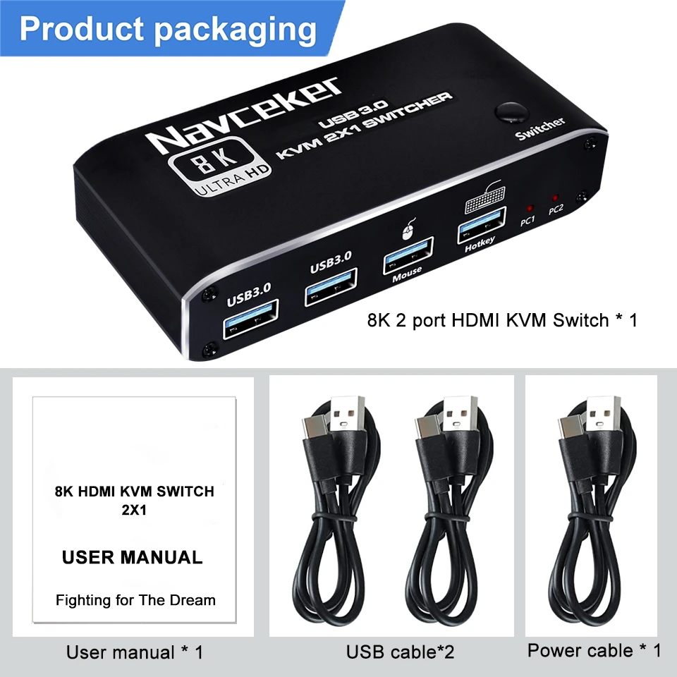 HDMI2.1 KVM Switch 2 in 1 Out 8K@60Hz HDMI USB-C KVM Switch with 2 PCs  Share 1 Set of Keyboard, Mouse, 2 USB3.0 Hubs Compatible with Windows and  Mac OS X 