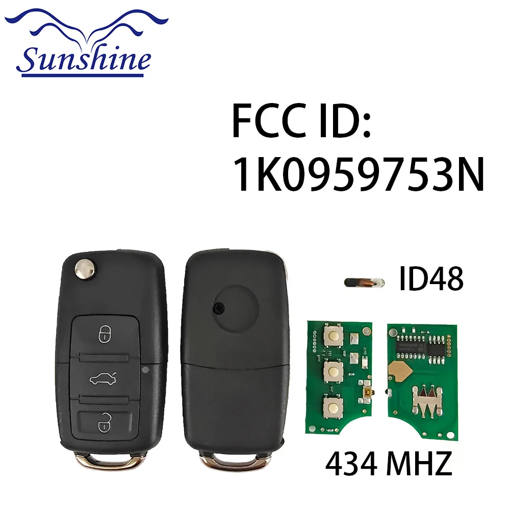 กุญแจรีโมทรถยนต์อัจฉริยะ Sunshine 1K0959753N 3BTN 434 MHZ ID48 ชิป สำหรับรถยนต์ Volkswagen VW Golf 5 Jetta Tiguan Polo พร้อมใบมีด HU66