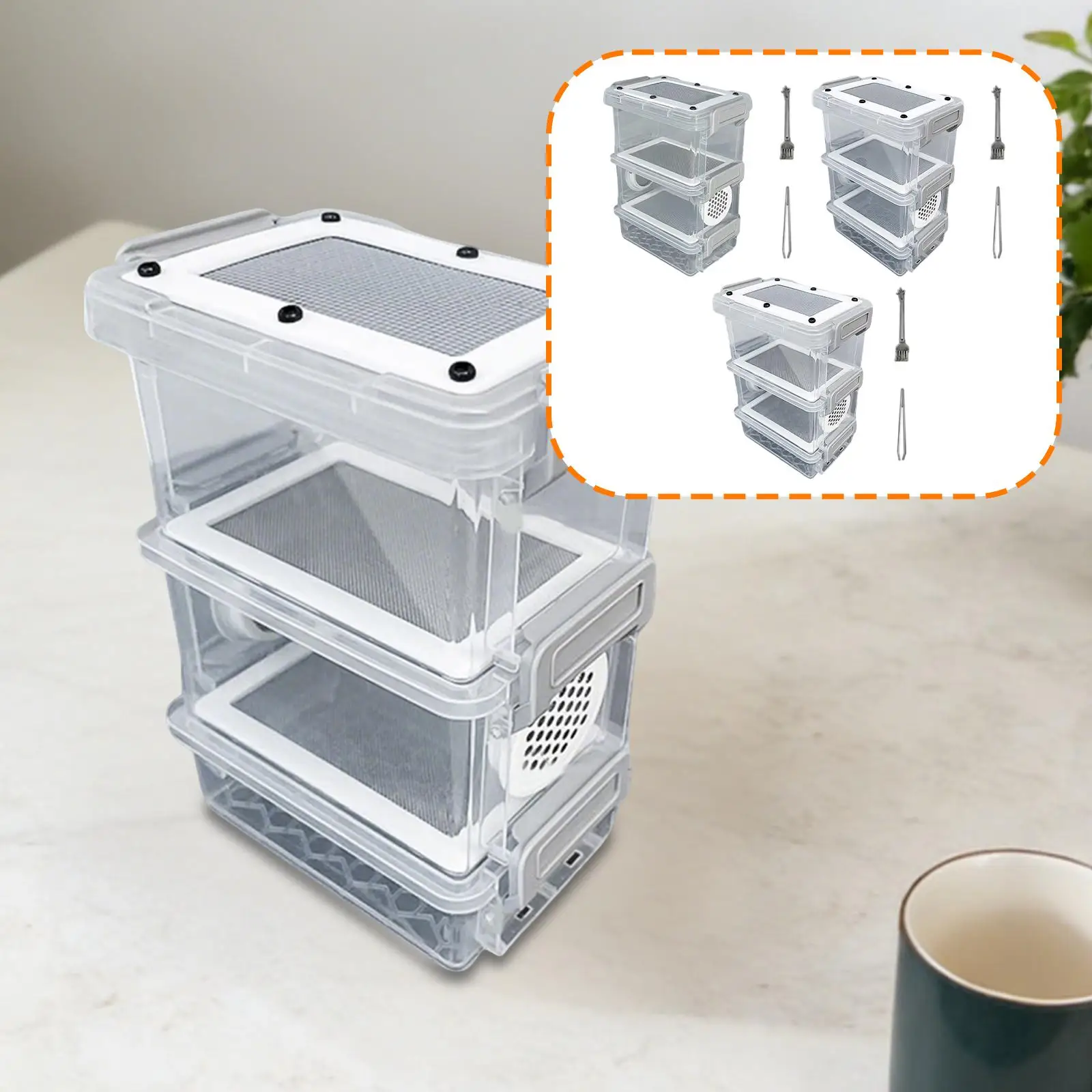 Mini Crickets Feeding Box Plastic Stainless Steel Breeding Case Animal Habitat for Mealworms Roaches and 