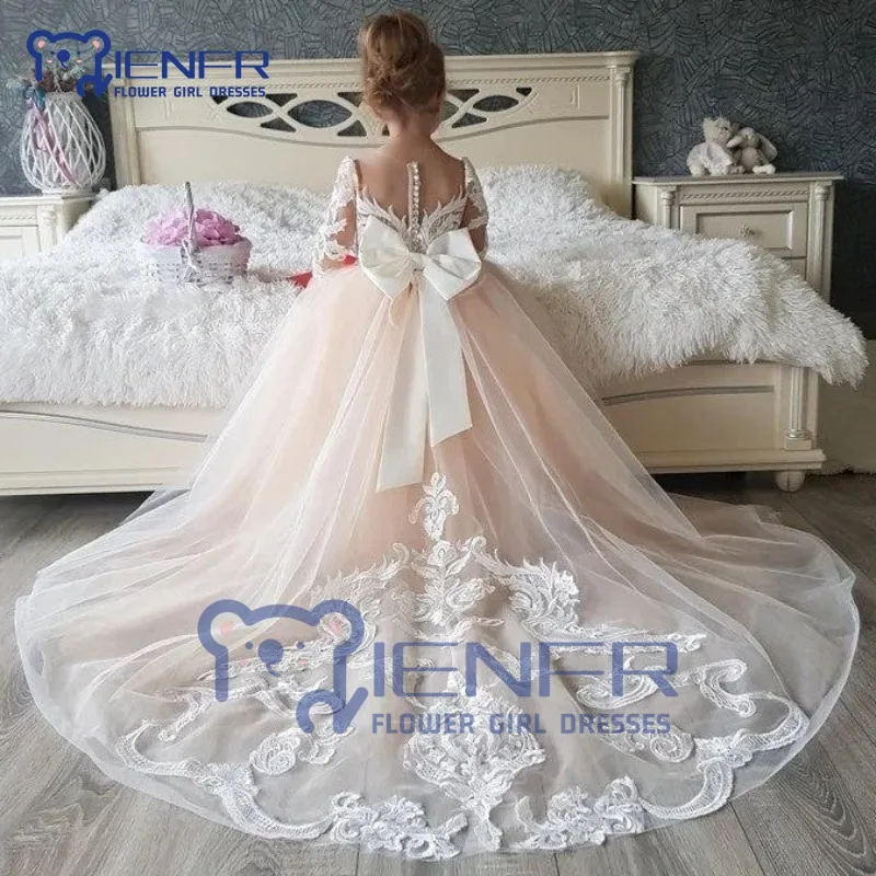 

2023 Champagne Lace Detachable Trailing Little Bridesmaid Birthday Holiday Party Prom Flower Girl Dress for Weddings