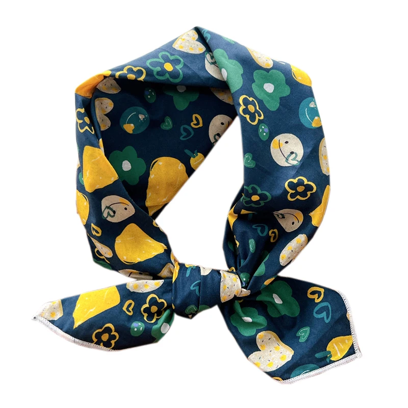 

Korean Cartoon Flower Print 58CM Small Square Women Cotton Linen Neck Scarf Summer Sweat-absorbing Scarf Girl Scarf Headband