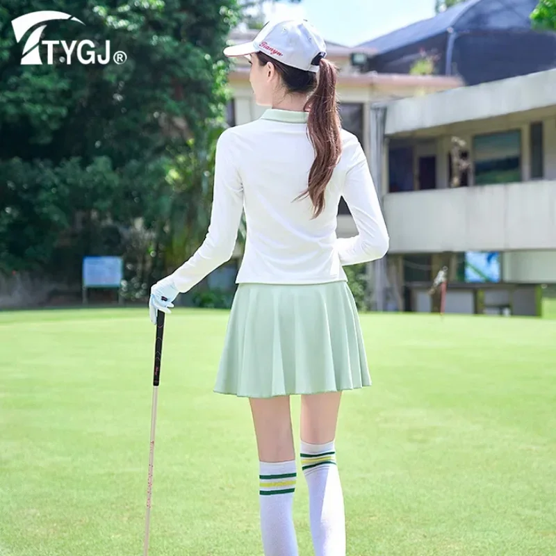 TTYGJ Women Breathable Quick Dry Golf Shirt Ladies V-neck Full Sleeve T-shirt Women Slim Split Sport Tops Casual Golf Clothing