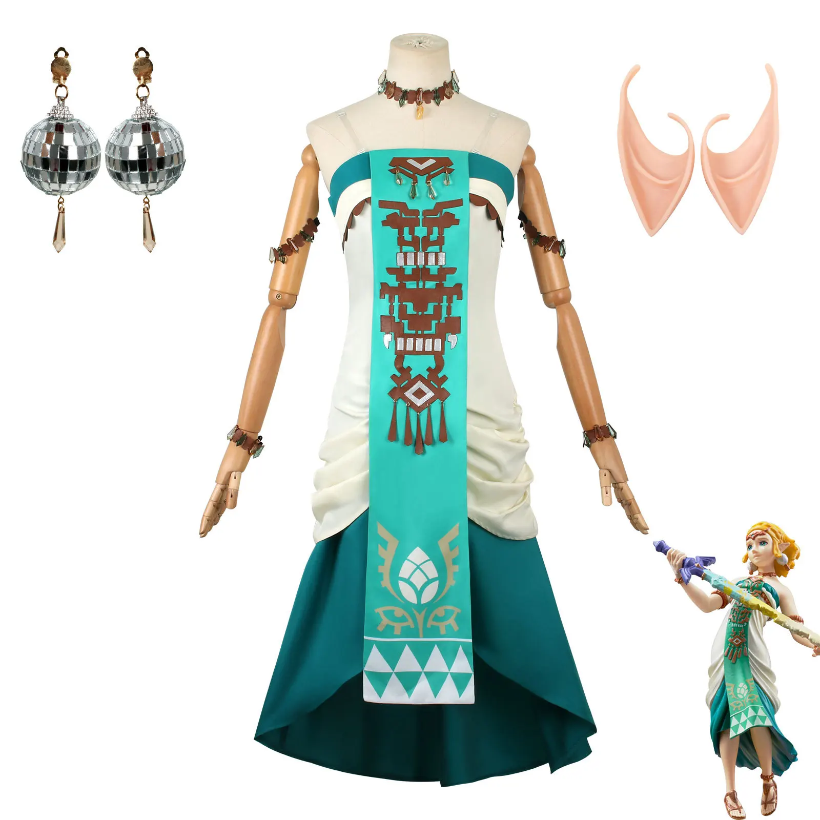 Costume de Cosplay princesse Zelda, robe verte, perruque, ensemble
