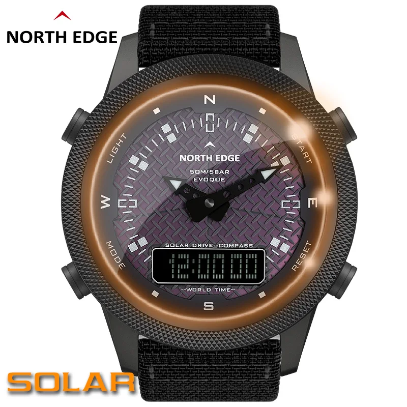 

NORTH EDGE Men Solar Power Digital Watch Men's Outdoor Smart Watches Full Metal Waterproof 50M Compass Army Military Style Clock