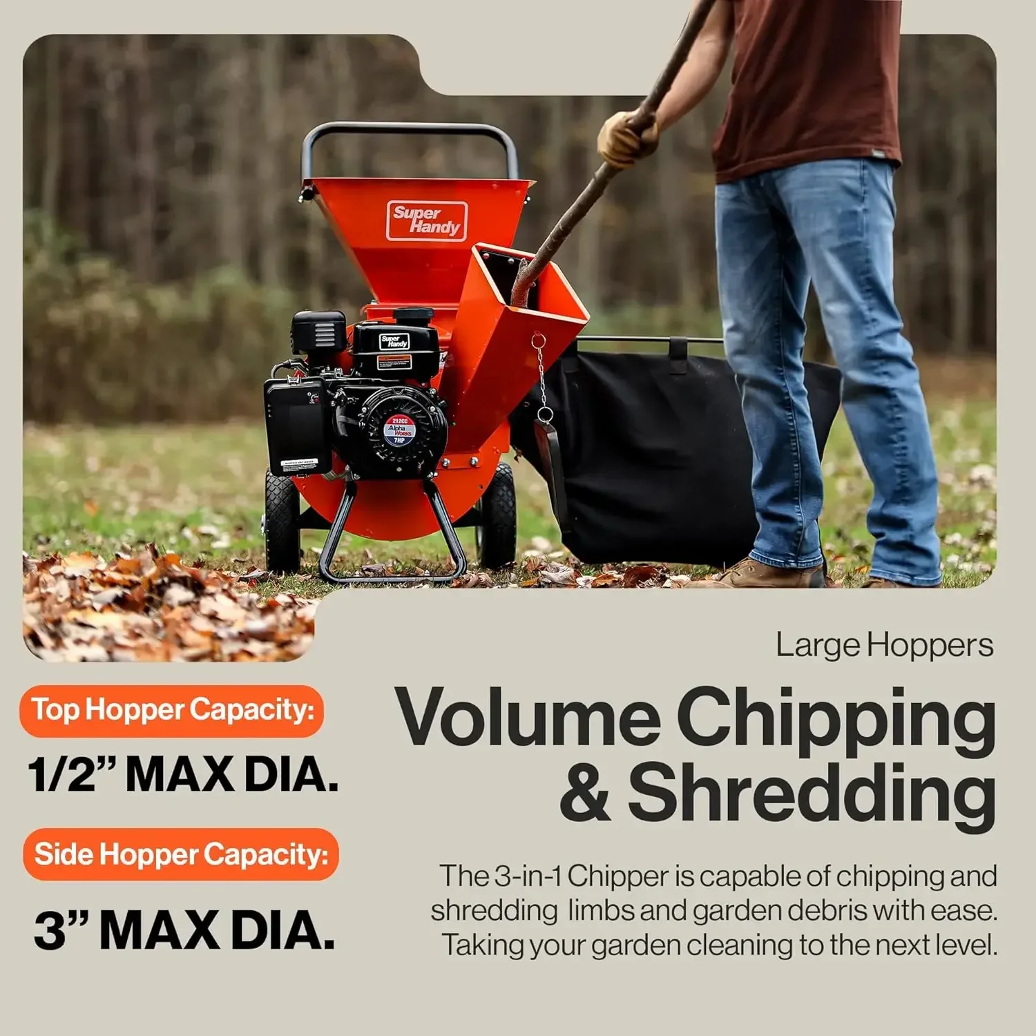 Wood Chipper Shredder Mulcher 7HP 3in1 Multi-Function 3" Inch Max Capacity attachable leaf vacuum for mulching Ultra Heavy Duty