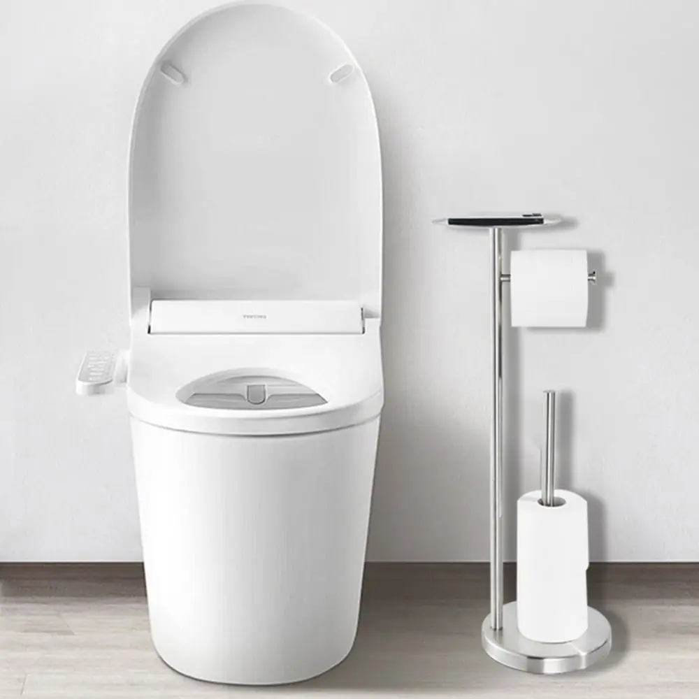 

Free Standing Toilet Paper Holder Stand Stable with Top Storage Shelf Bathroom Floor Standing Durable Heavy Stainless Steel Base