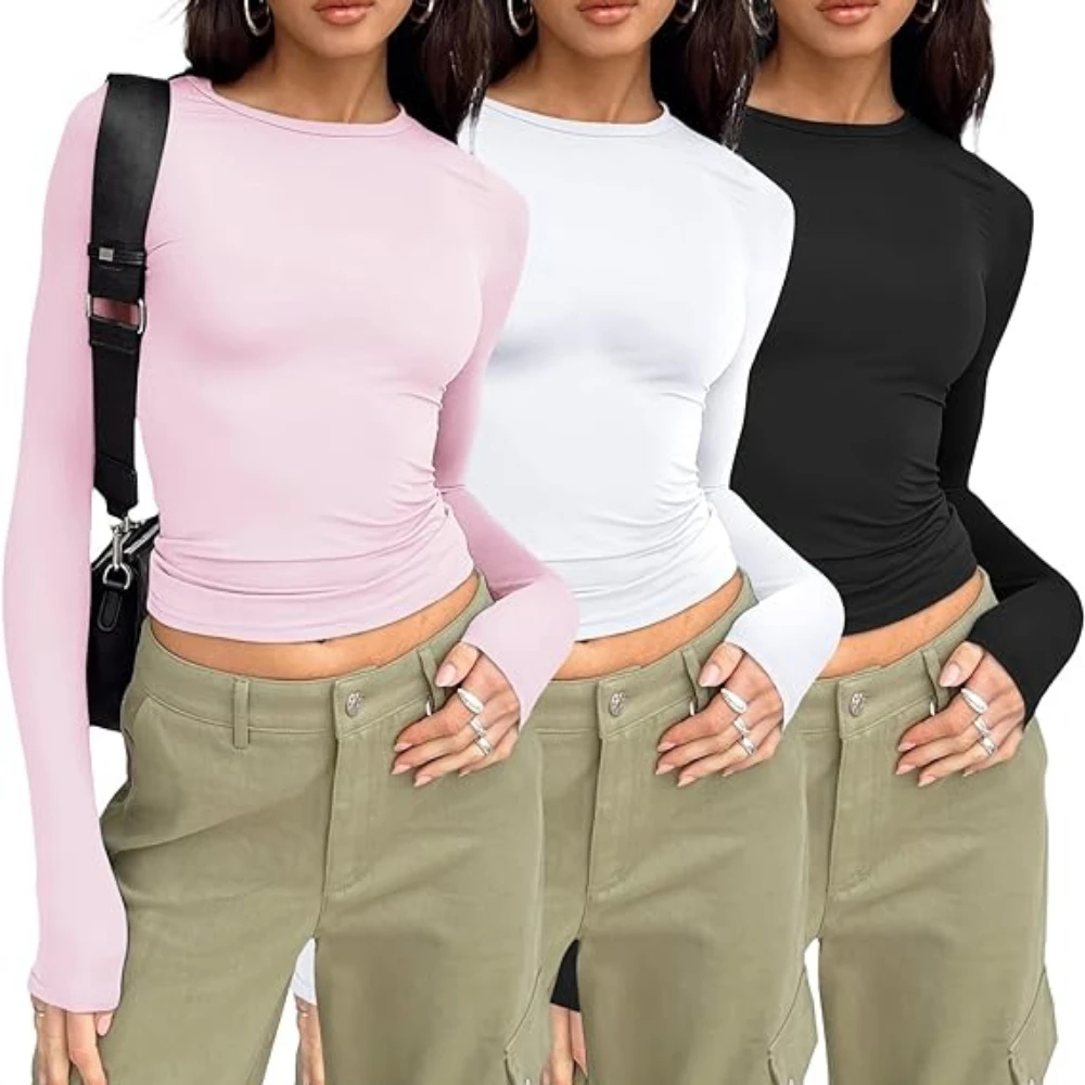 

Pink Long Sleeve T-shirt Women 2024 Summer Tshirt White Crop Top Ladies Sexy Slim O Neck Short Sleeve Tee Shirt Y2k Basic Top