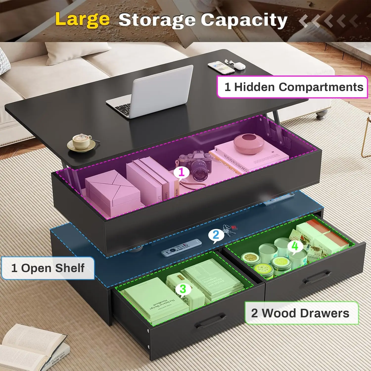 40" Lift Top Coffee Table, Coffee Tables with Storage for Living Room, Small Coffee Table with 2 Drawers & LED, Customized