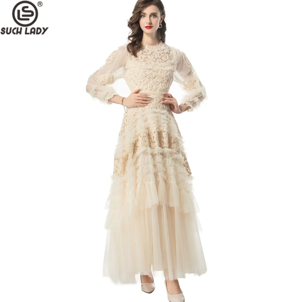 Women's Dresses O Neck Long Sleeves Embroidery Appliques Mesh Elegant  Designer Maxi Vestidos Prom - AliExpress 200000345
