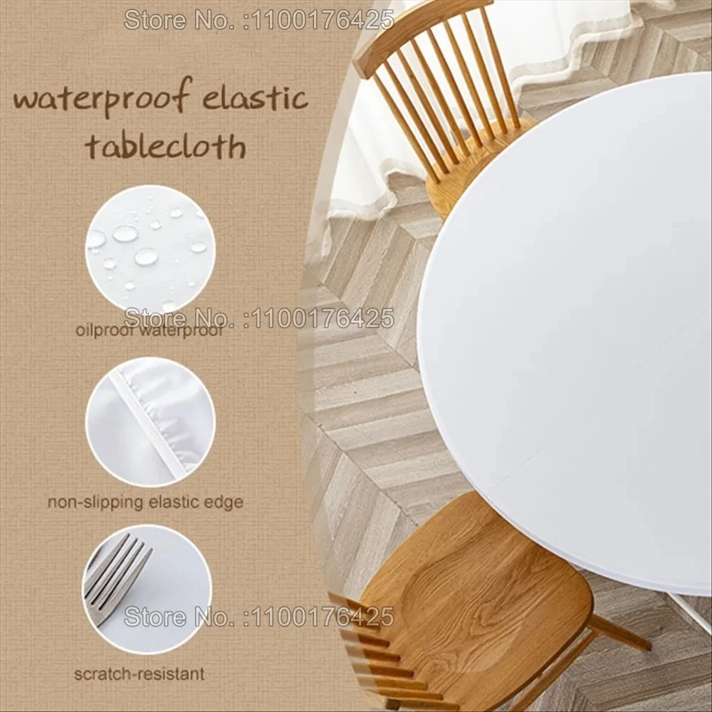 Christmas Round Tablecloth Fitted Elastic Edged Polyester Table Cover for Home Kitchen Picnic Party Ornaments Desk Table Cloth
