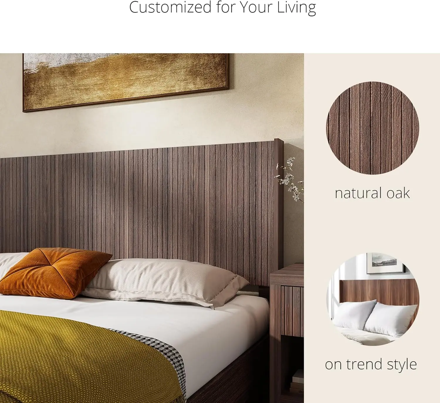 Wood Queen Headboard Only, Wooden Boho Farmhouse Fluted Headboard Queen Size, Wall Mounted Natural Walnut with Wingbacks