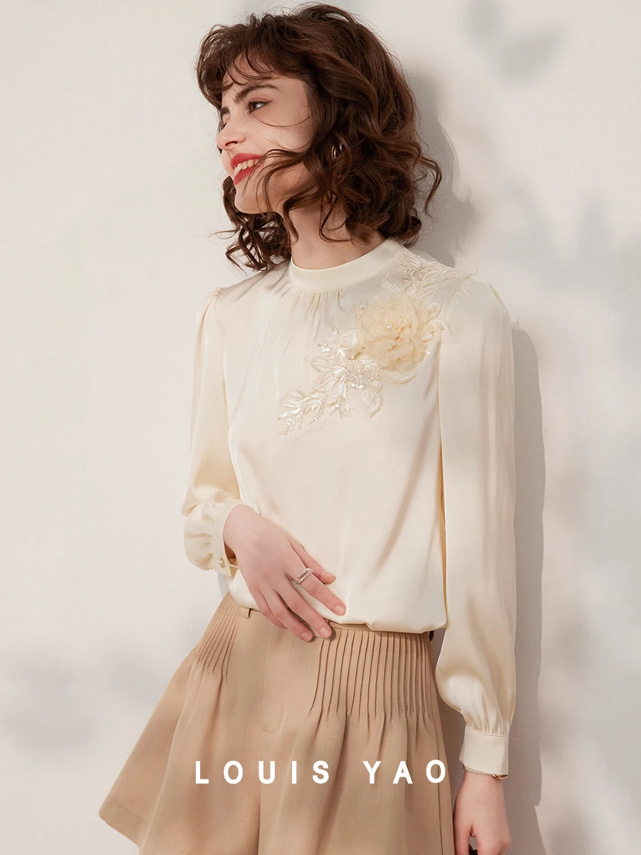 

LOUIS YAO Women Shirt 2024 Spring New Fashionable Bead 3D Flower Round Neck Long Sleeve Stand Round Neck Loose Fit Blouses Top