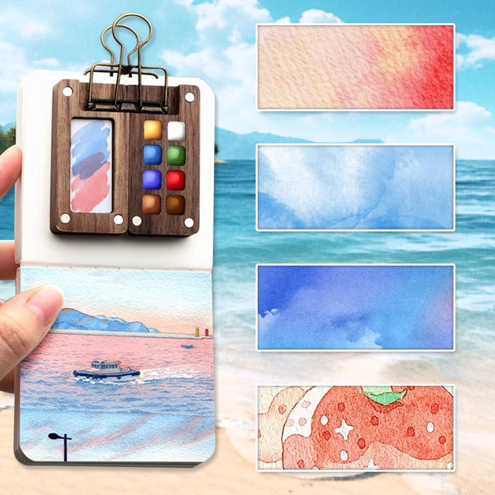 Travel Paint Palette Pocket Artist Watercolor Set with Clip Portable Watercolor Set Wooden Grid Paint Box 2