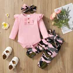 0-18 Months Newborn Baby Girl Clothes Set Infant Girl Long Sleeve Bodysuit + Camouflage Pants + Headband Cotton Clothing Suit