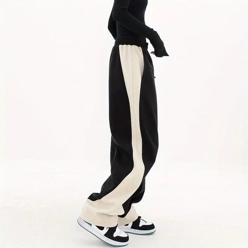 Spring Autumn Contrast Color Fashion Elastic Waist Wide Leg Trousers Women High Street Casual Loose Harajuku High Waist Pants