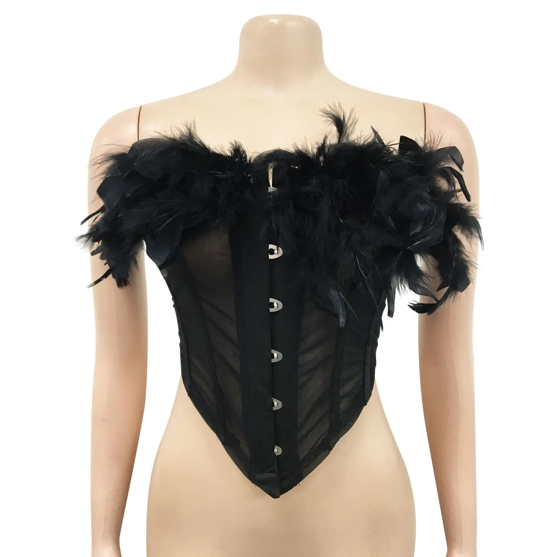 Sexy Women New Feather Two Piece Set Strapless Shirt + Mini Skirt Dress Sheer Mesh Party NIght Clubwear Dresses For Women Outfit