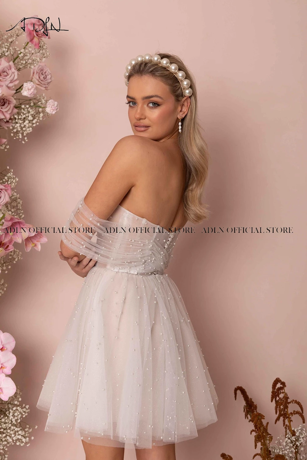 ADLN Short Tulle Pearls Wedding Dresses  Ivory Off-shoulder A Line  Party Gowns 2023 For Women Mini Reception Dress 2
