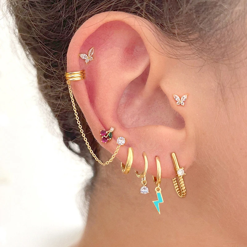 2Pc Coreano In Acciaio Inossidabile Minimal Crystal Butterfly Ear Studs Orecchino Donna Small Helix Studs Tragus Cartilagine Piercing Jewelry