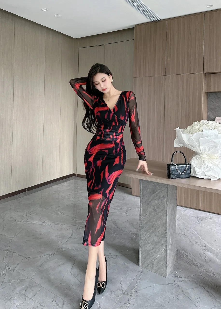 فستان خريفي نسائي شبكي أنيق