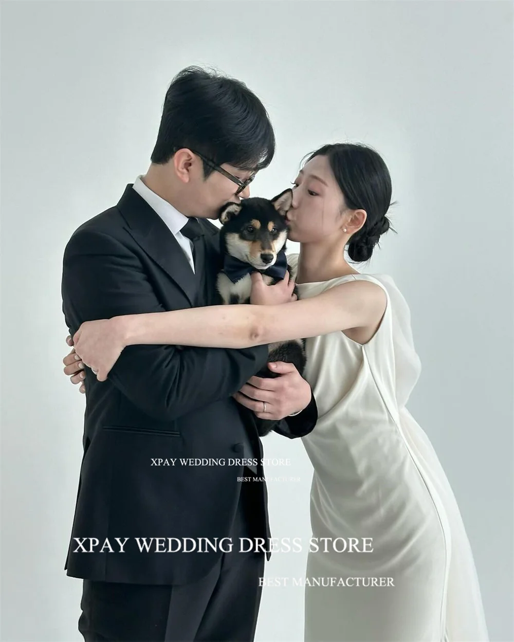 XPAY Simple O Neck Korea Wedding Dresses Sleeveless Elastic Satin Bride Photos Shoot Dress Custom Made Floor Garden Bridal Gown 5