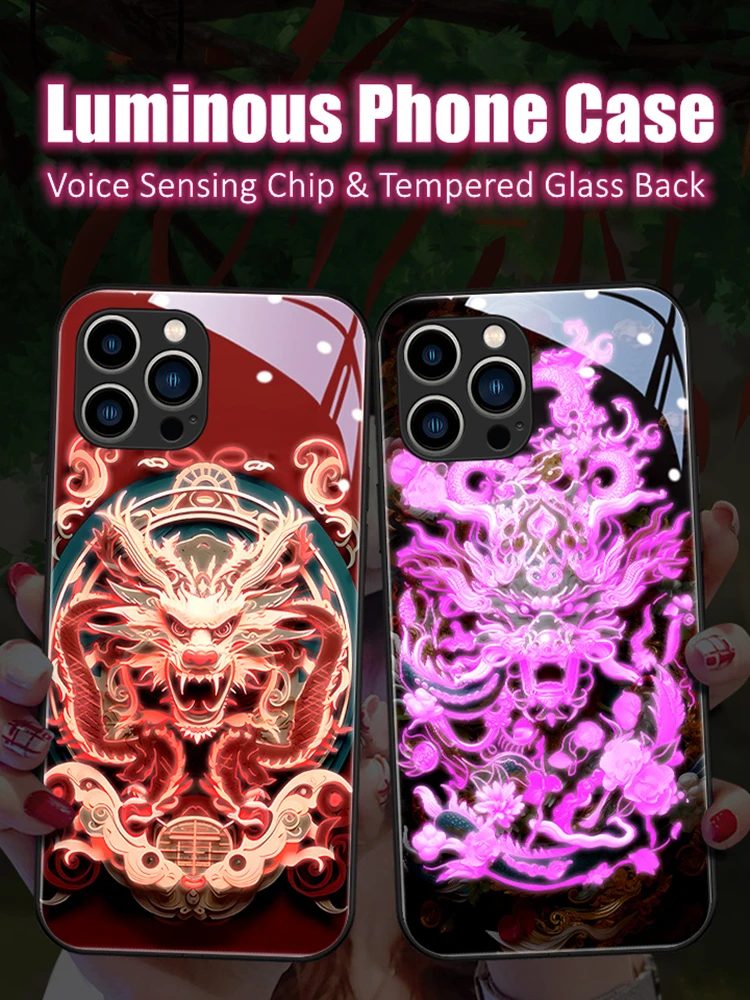 

Fashion Dragon LED Light Glowing Luminous Tempered Glass Phone Case for Samsung S24 S22 S23 Note 10 20 A14 A54 A73 Plus Ultra