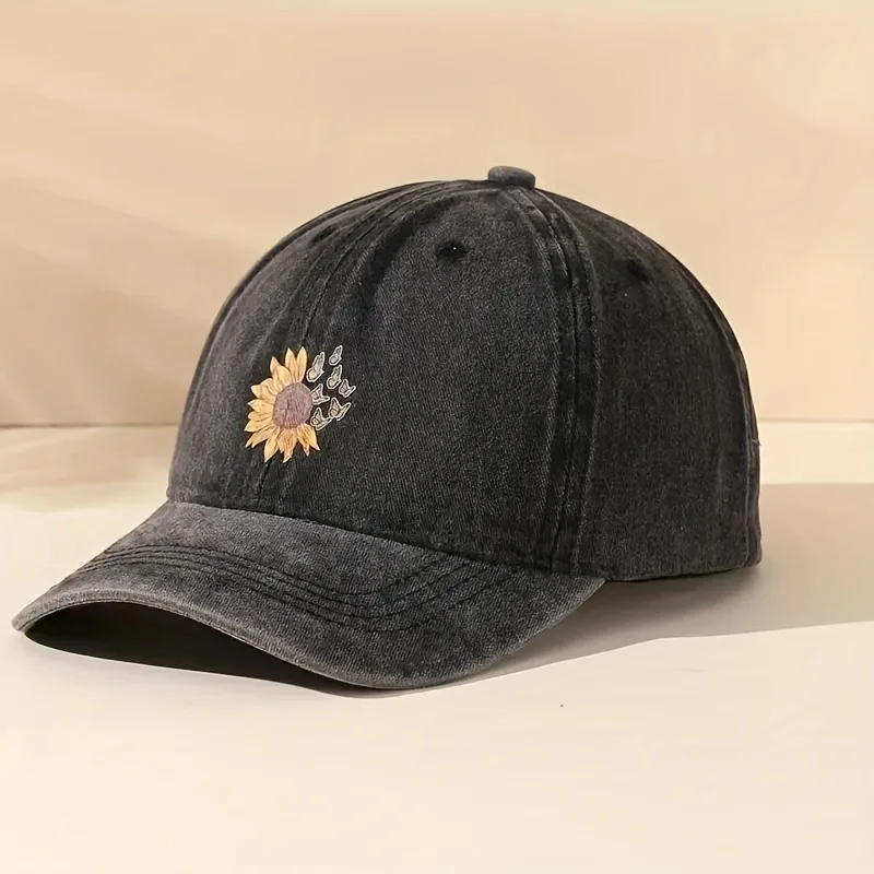 Sunflower printed baseball cap with adjustable retro washed soft top cap suitable for both men and women for outdoor leisure