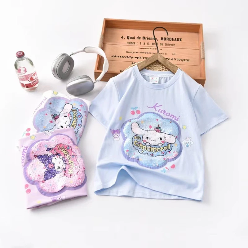 

2024 Kuromi Children T-Shirt Sanrio Kawaii Anime Cinnamoroll Short-Sleeved Summer Sweet Cute Cartoon Babys Sequin Tops Kid Gift