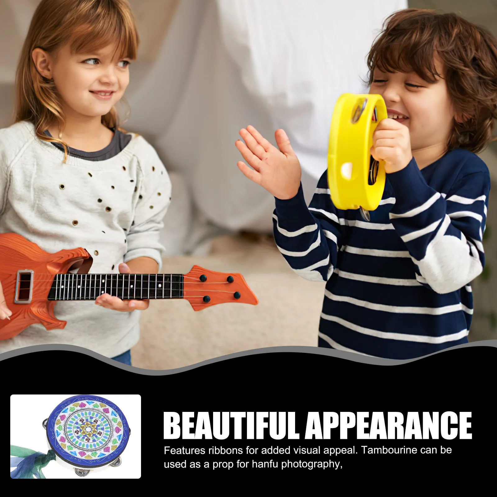 핸드 드럼 리본 장식 탬버린 나무 몸체 금속 징글벨 댄스 공연용 한푸 사진 촬영 파티 타악기