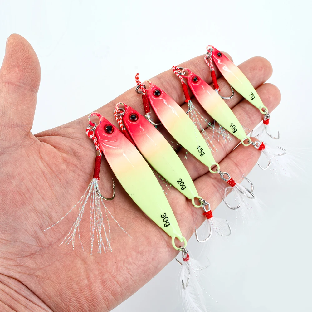 Leuchtender Jig-Wurfköder, 3 Farben, 7 g/10 g/15 g/20 g/30 g, sinkender Löffelköder, Metall-Jigging-Angelköder mit scharfen Haken – Detail 1