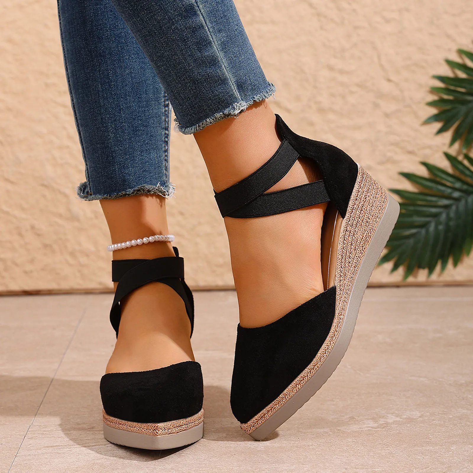 Sandales compensées en daim à bout pointu pour femme, avec semelles épaisses, confortables, à enfiler et à découpes – Offre spéciale 1 Sandales compensées en daim à bout pointu pour femme, avec semelles épaisses, confortables, à enfiler et à découpes – Offre spéciale 1