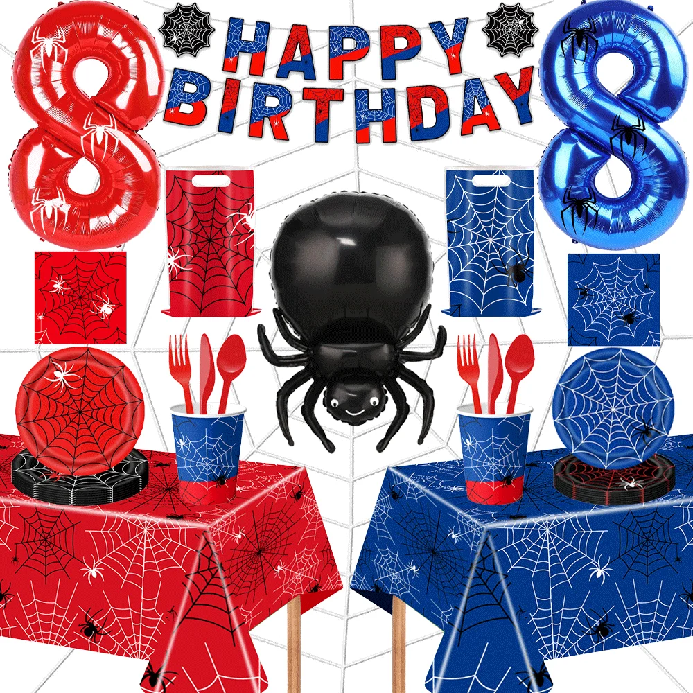 Spinnen-Party-Teller, Servietten, Tischdecke, Halloween, Spinnennetz, Spinnen, numerische Folienballons, Geburtstagsparty-Dekorationen mit Spinnenmotiv
