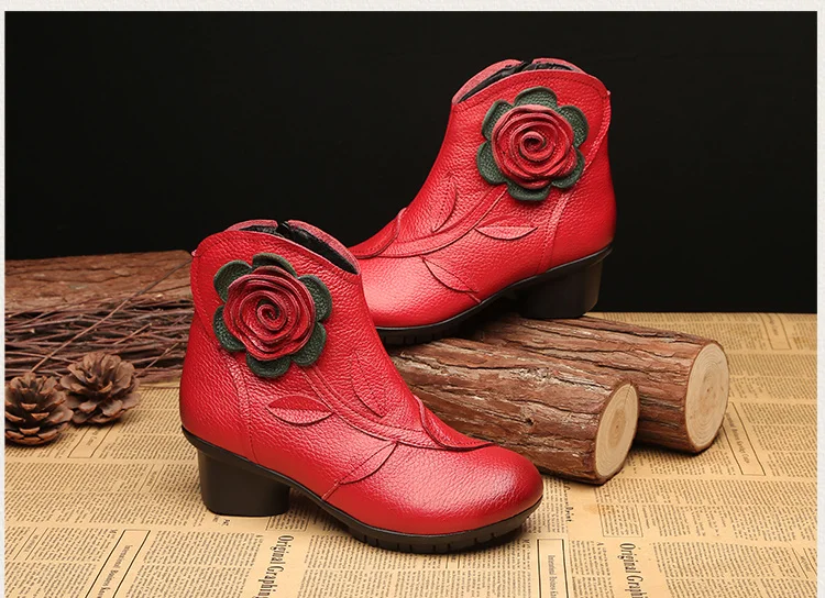 Vintage Rose Echtes Leder Stiefeletten Damen Heels Pump Booties Böhmen Schuhe Retro Mom Kurze Stiefel Kunstpelz Med Heel Schuhe – Detail 17