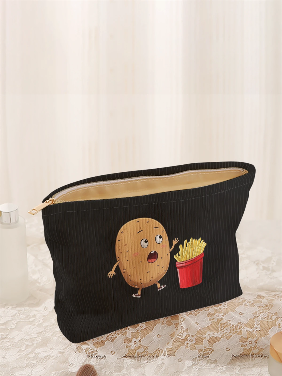 1pc cartoon potato pattern printed corduroy makeup bag, lightweight zipper makeup storage box, multifunctional bag with lining