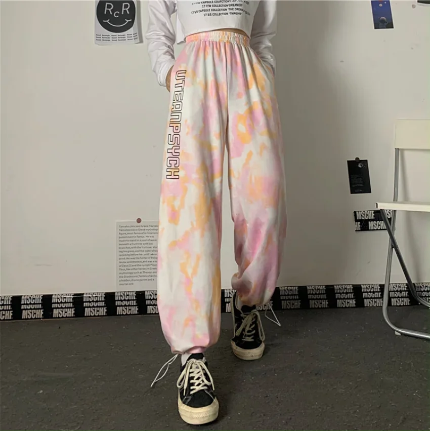 

Women's Trousers All-match Elastic High Waist Sports Tie-dyed Loose Straight Leg Trousers Fashion Casual Harajuku Jogging Pants