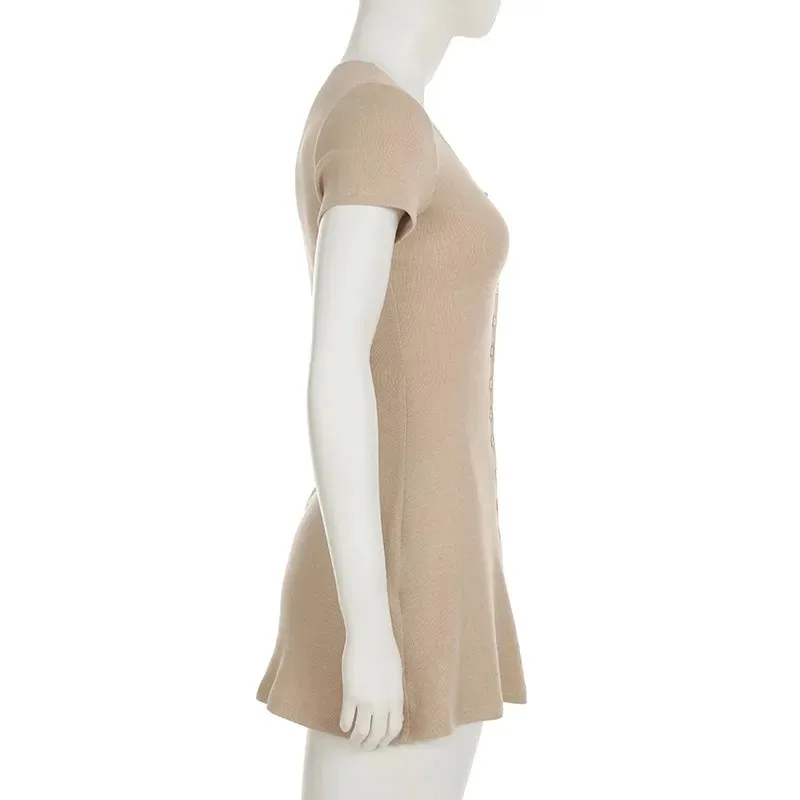 Elegant V-Neck Knitted Mini Dress for Women Summer 2025 Short Sleeve with Buttons High Elasticity Casual Style